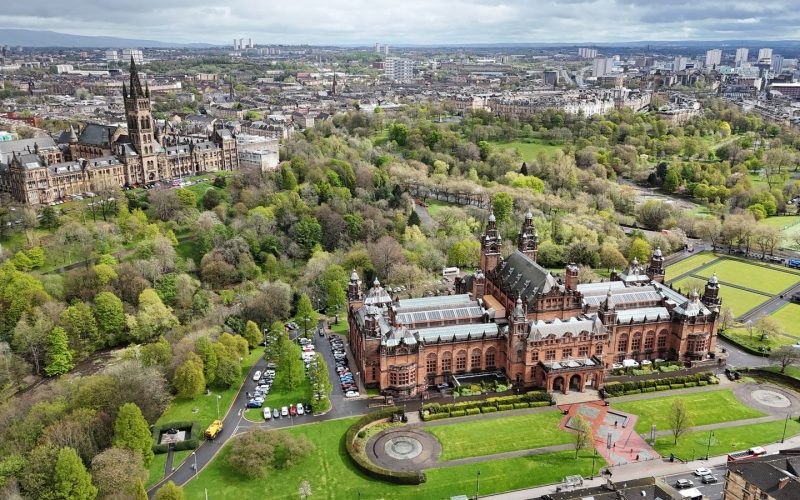Aerial view of Kelvingrove Park, the art gallery and Glasgow University