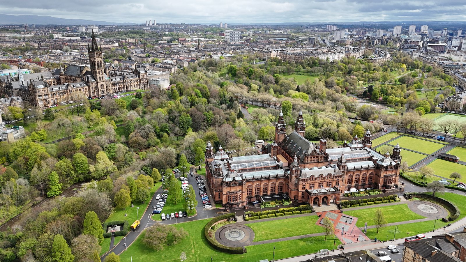 Aerial view of Kelvingrove Park, the art gallery and Glasgow University