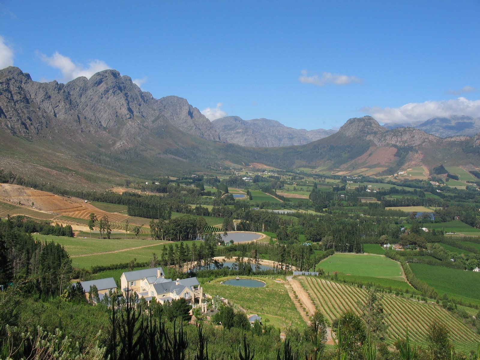 Franschhoek valley with vineyards and an estate below rugged mountains