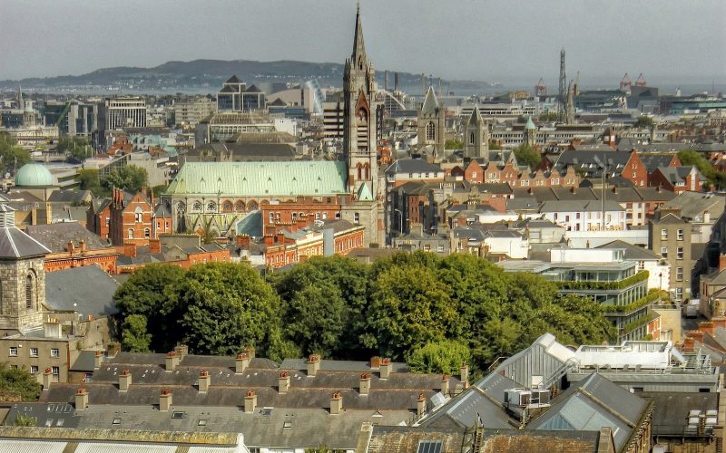 View over Dublin rooftops and church spires from the Gravity Bar of the Guinness Storehouse
