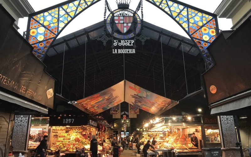 Mosaic entrance arch of the Mercat de la Boqueria in Barcelona