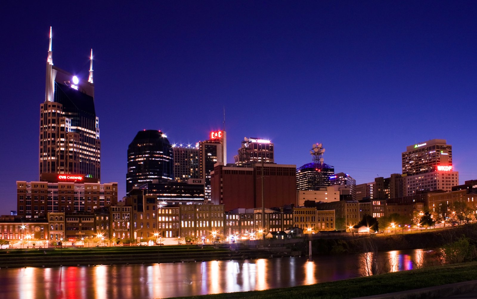 Nashville skyline at dusk reflected in the Cumberland River