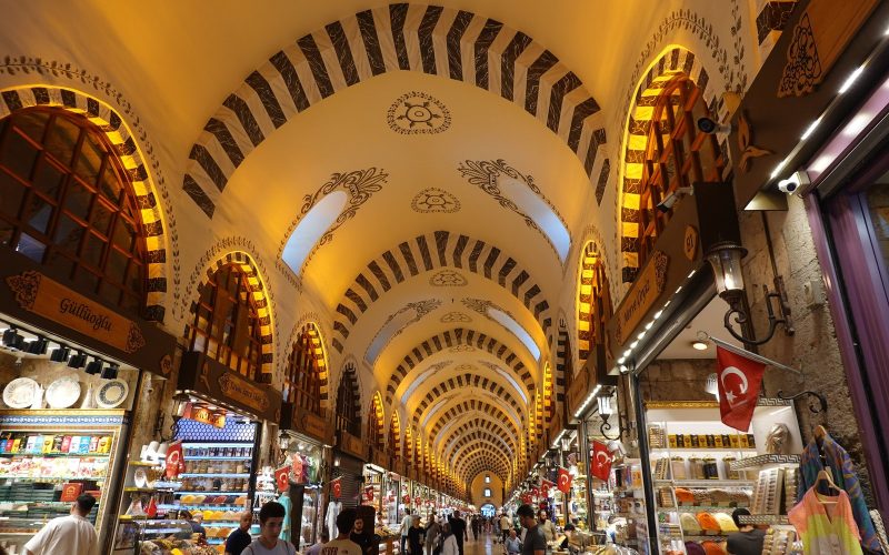 Vaulted hall lined with food shops in the Spice Bazaar in Istanbul