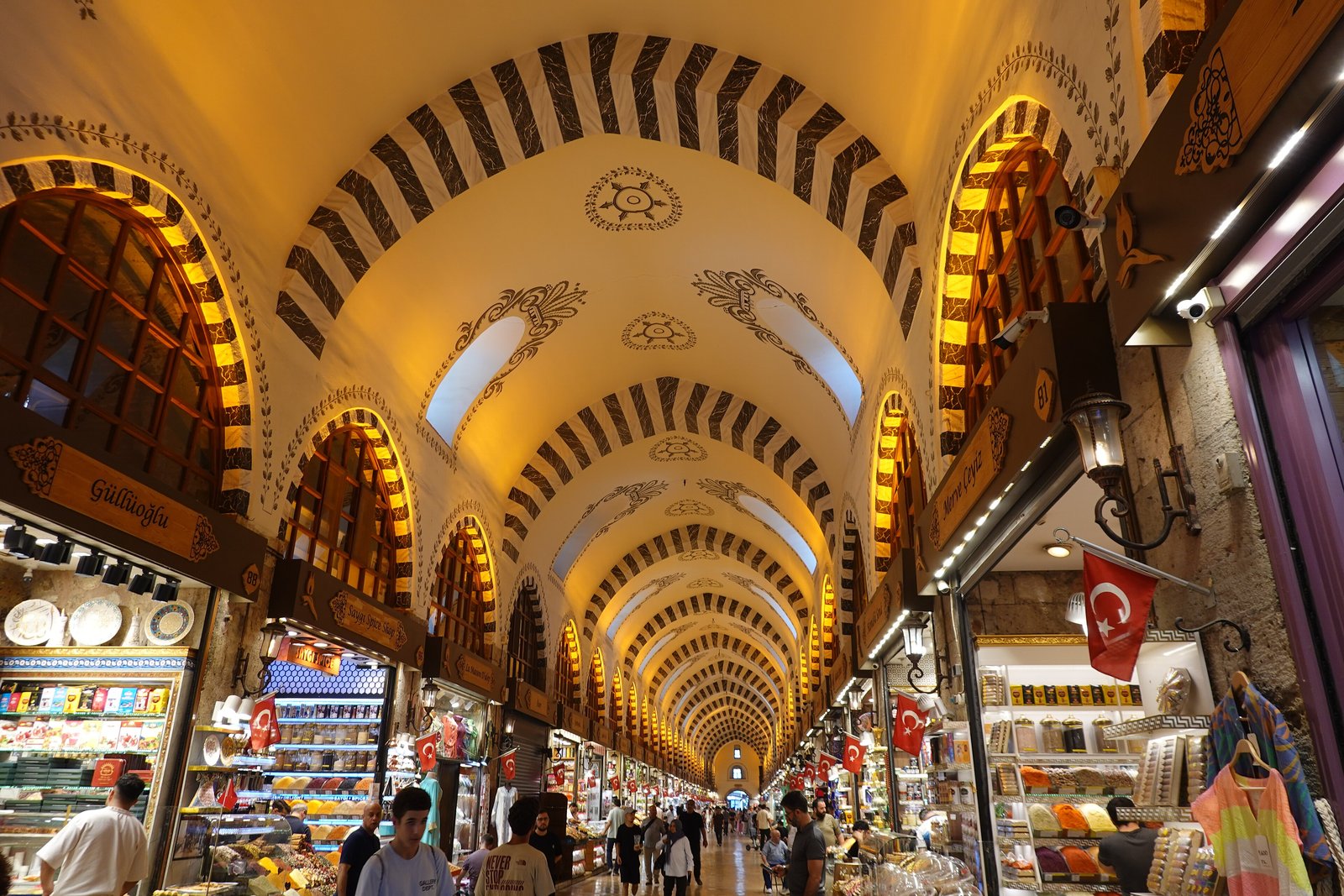 Vaulted hall lined with food shops in the Spice Bazaar in Istanbul