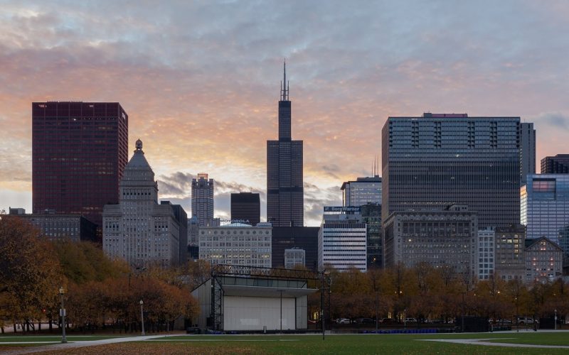 Chicago downtown skyline at dusk seen from Grant Park