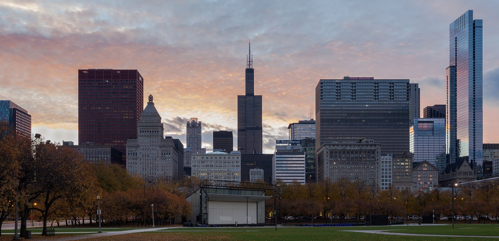 Chicago downtown skyline at dusk seen from Grant Park