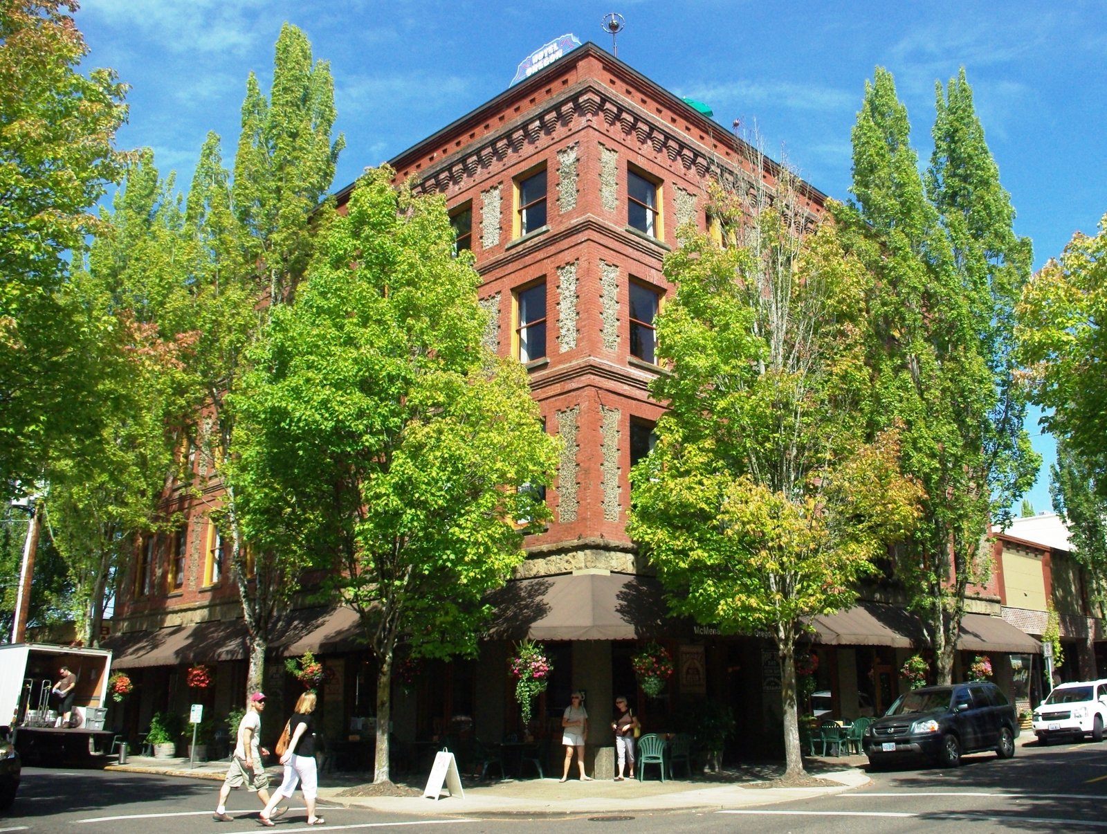 Hotel Oregon brick building and street trees in downtown McMinnville
