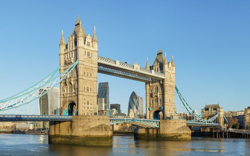 Tower Bridge and the City skyline on the Thames at golden hour